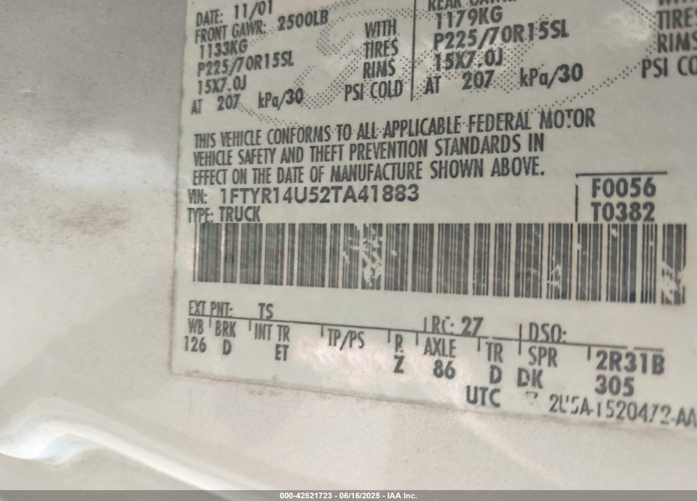 2002 FORD RANGER EDGE/TREMOR/XL/XLT VIN: 1FTYR14U52TA41883