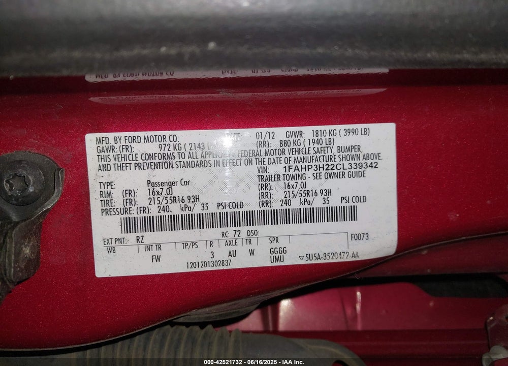 2012 FORD FOCUS SEL VIN: 1FAHP3H22CL339342