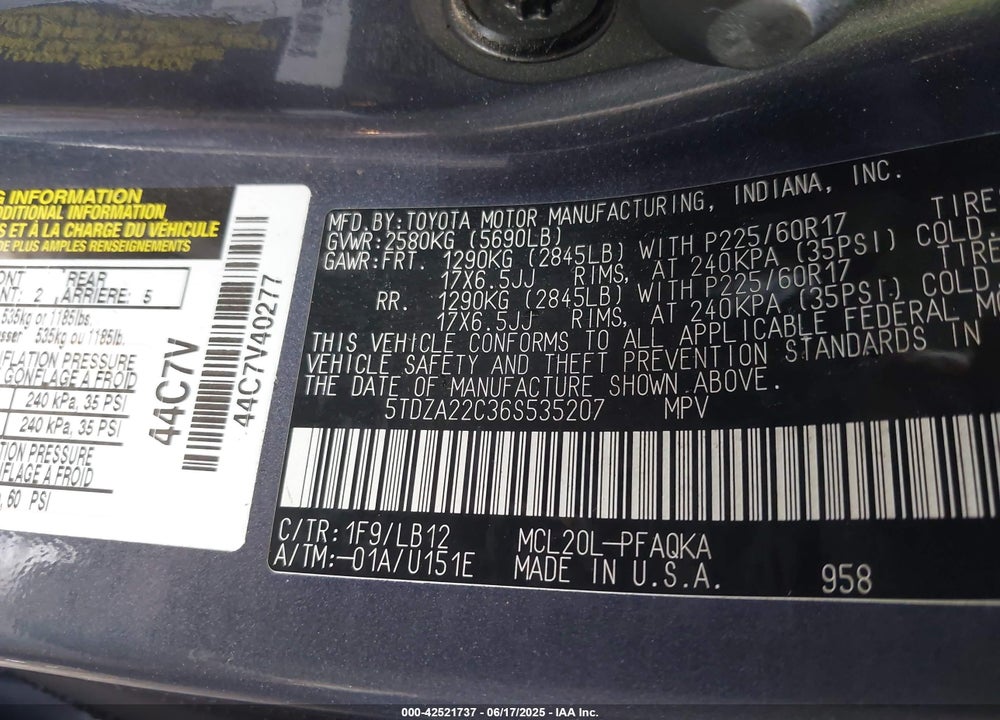 2006 TOYOTA SIENNA XLE LIMITED VIN: 5TDZA22C36S535207