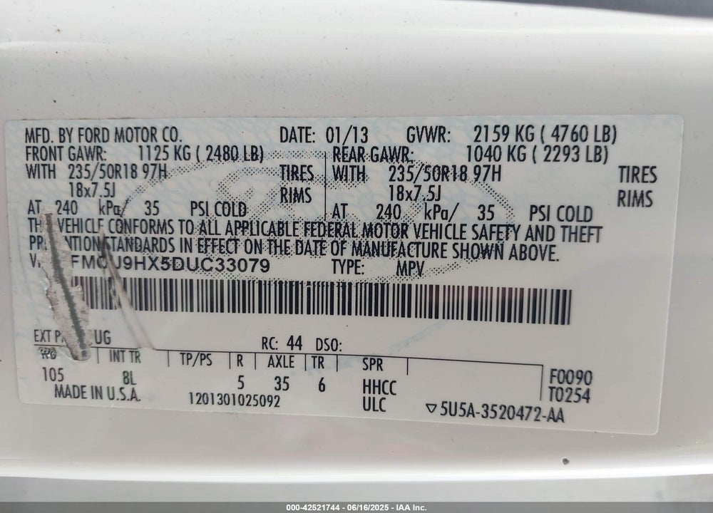 2013 FORD ESCAPE VIN: 1FMCU9HX5DUC33079