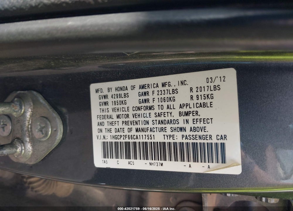 2012 HONDA ACCORD VIN: 1HGCP2F66CA117551