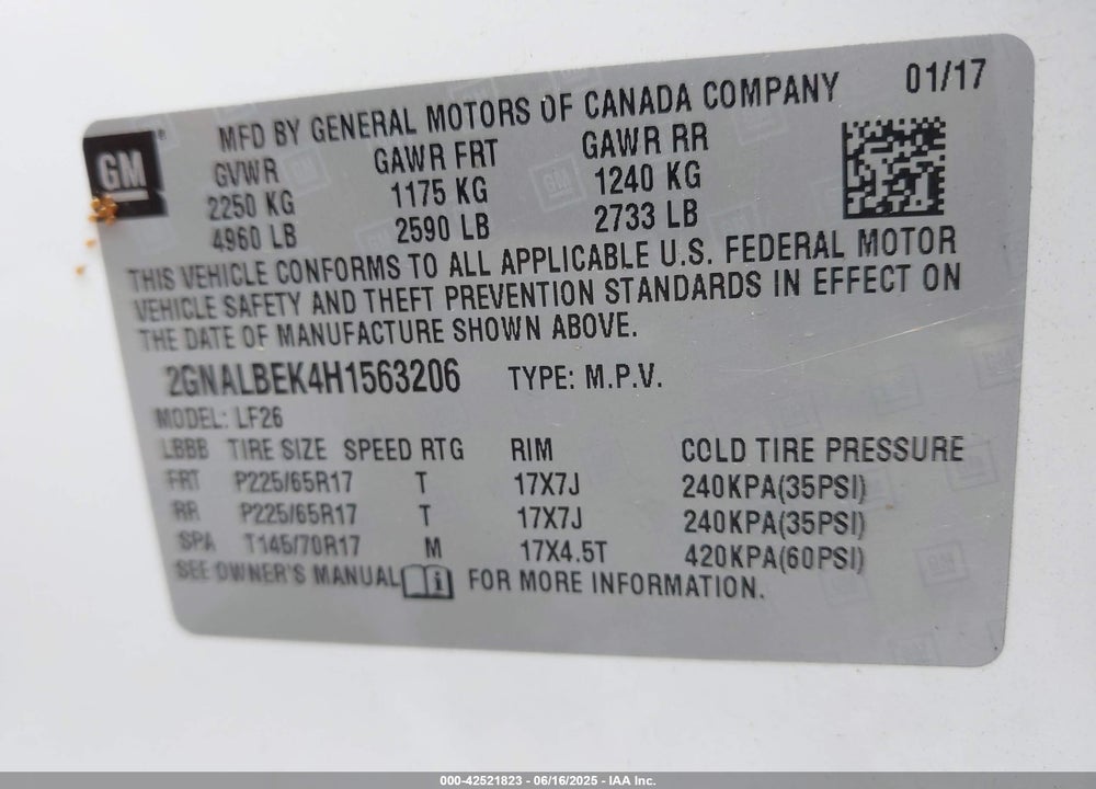 2017 CHEVROLET EQUINOX LS VIN: 2GNALBEK4H1563206