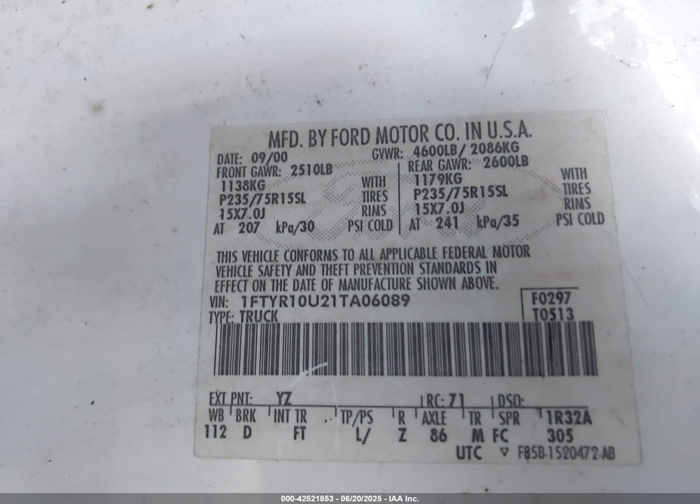 2001 FORD RANGER VIN: 1FTYR10U21TA06089