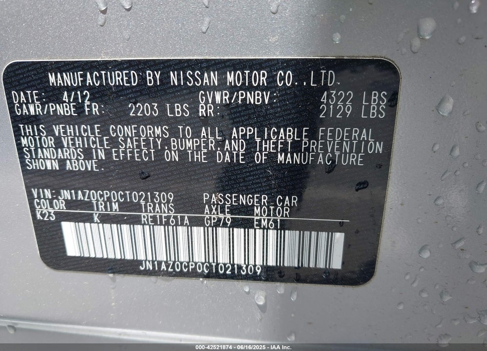 2012 NISSAN LEAF SL VIN: JN1AZ0CP0CT021309