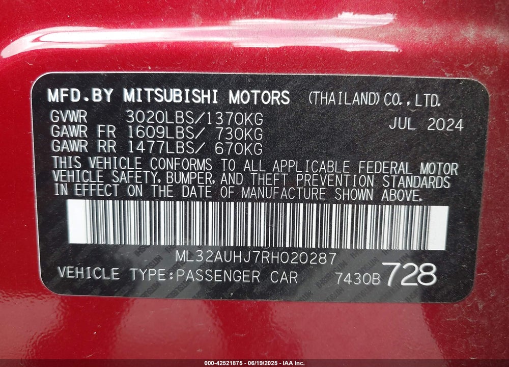 2024 MITSUBISHI MIRAGE ES/LE VIN: ML32AUHJ7RH020287