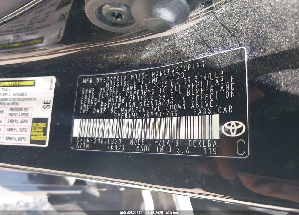 2024 TOYOTA COROLLA LE VIN: 5YFB4MDEXRP104766