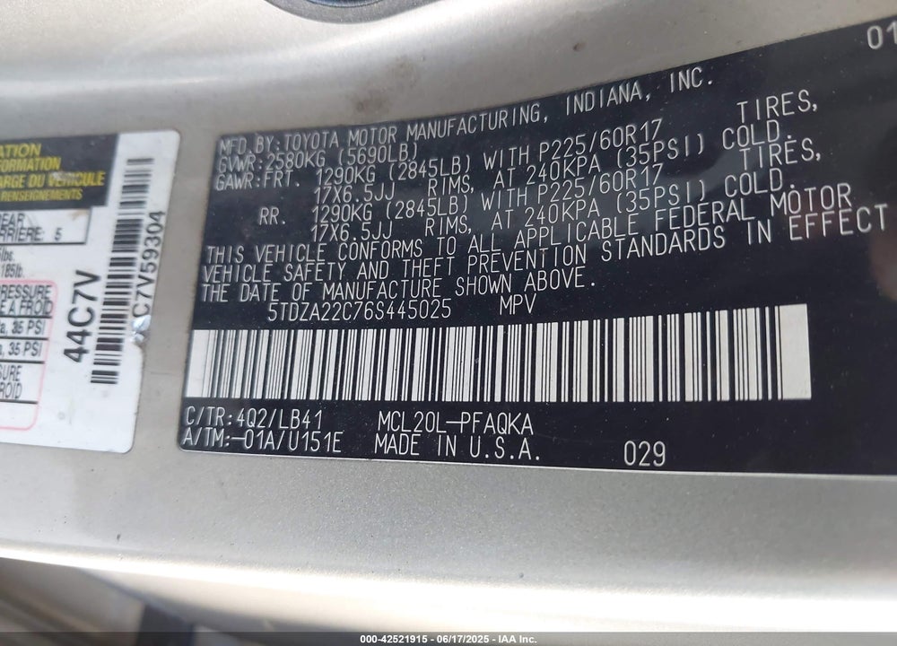 2006 TOYOTA SIENNA XLE VIN: 5TDZA22C76S445025
