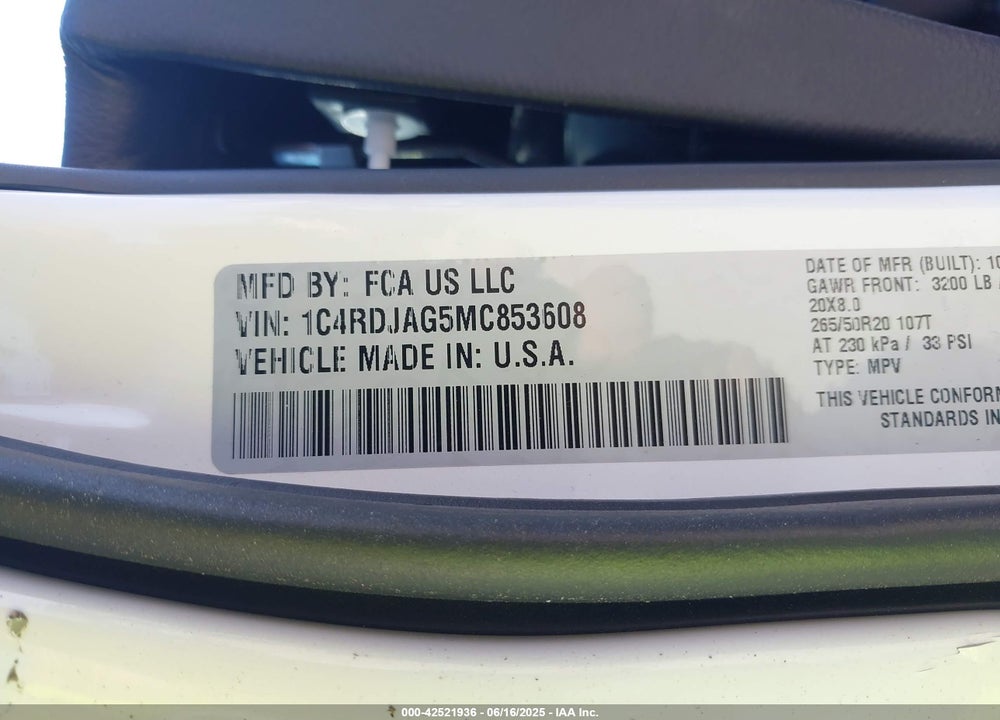 2021 DODGE DURANGO VIN: 1C4RDJAG5MC853608