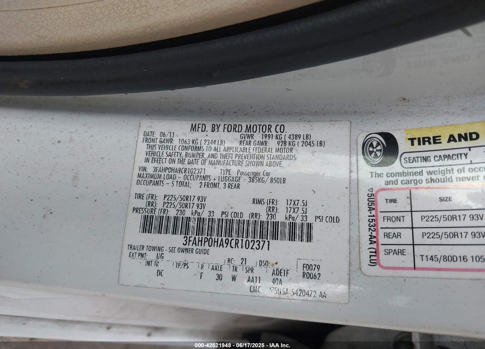 2012 FORD FUSION VIN: 3FAHP0HA9CR102371