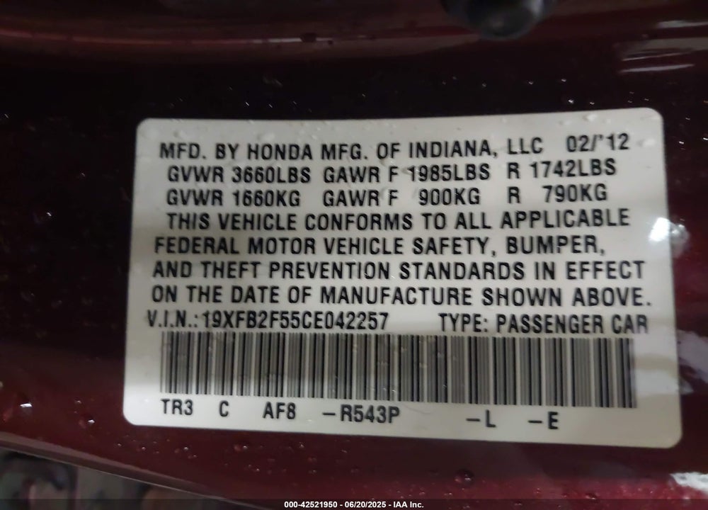 2012 HONDA CIVIC LX VIN: 19XFB2F55CE042257