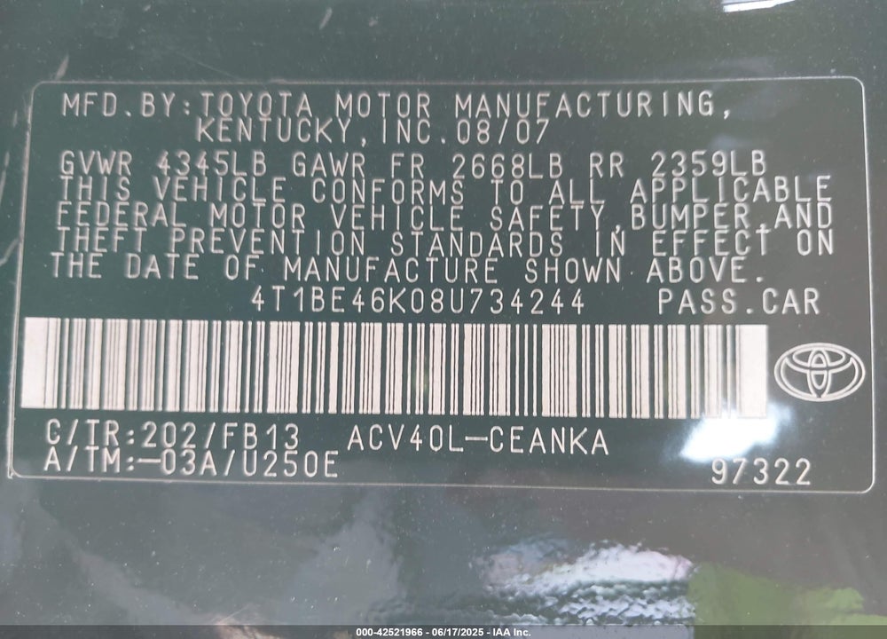 2008 TOYOTA CAMRY VIN: 4T1BE46K08U734244