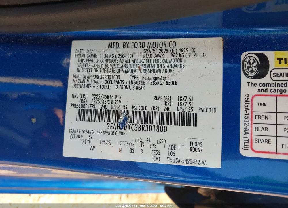 2011 FORD FUSION SPORT VIN: 3FAHP0KC3BR301800