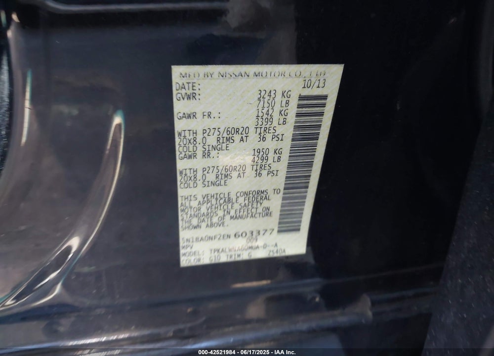 2014 NISSAN ARMADA PLATINUM VIN: 5N1BA0NF2EN603377