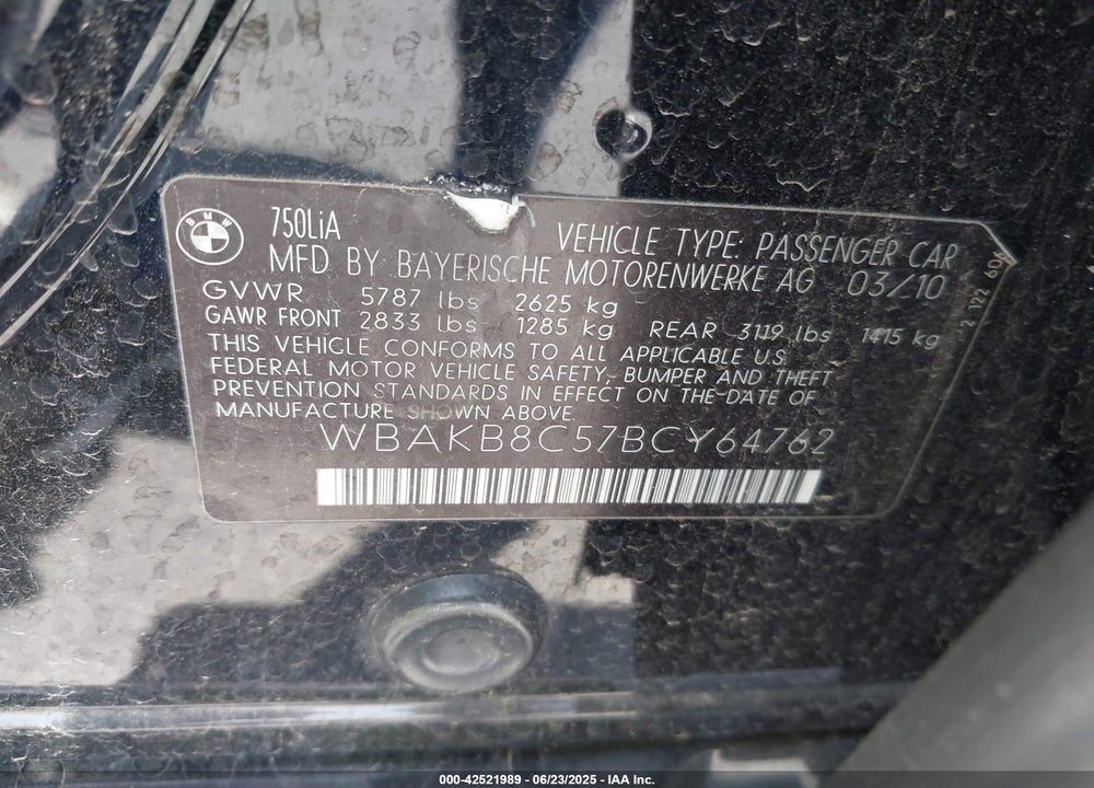 2011 BMW 750LI VIN: WBAKB8C57BCY64762