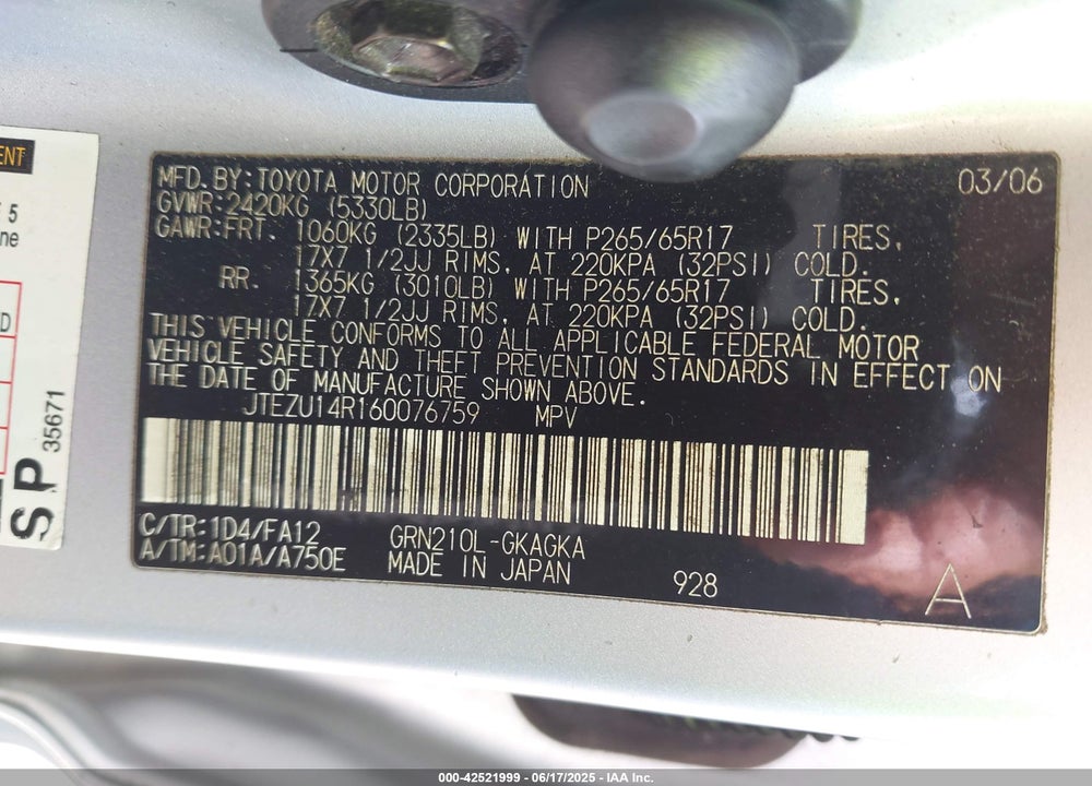 2006 TOYOTA 4RUNNER SR5 V6 VIN: JTEZU14R160076759