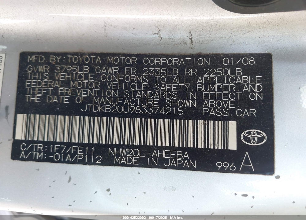 2008 TOYOTA PRIUS VIN: JTDKB20U983374215