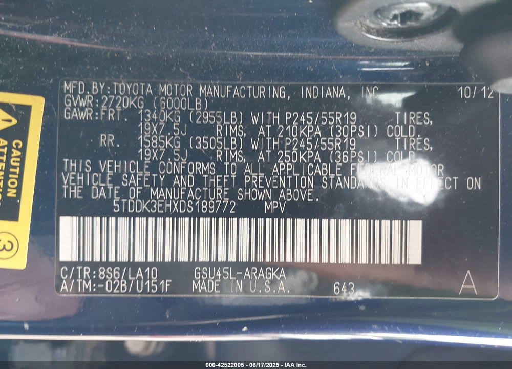 2013 TOYOTA HIGHLANDER VIN: 5TDDK3EHXDS189772