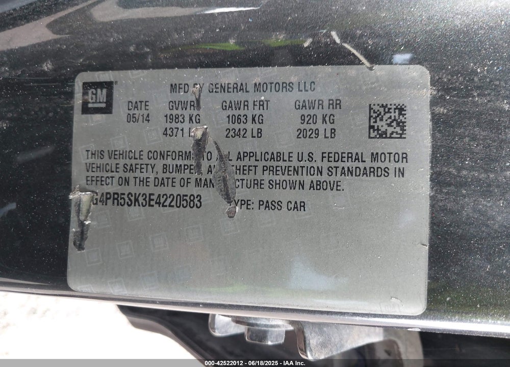 2014 BUICK VERANO CONVENIENCE GROUP VIN: 1G4PR5SK3E4220583