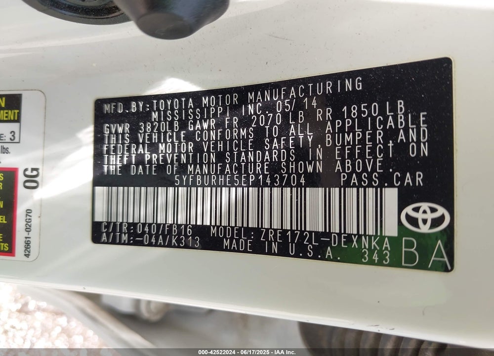 2014 TOYOTA COROLLA VIN: 5YFBURHE5EP143704