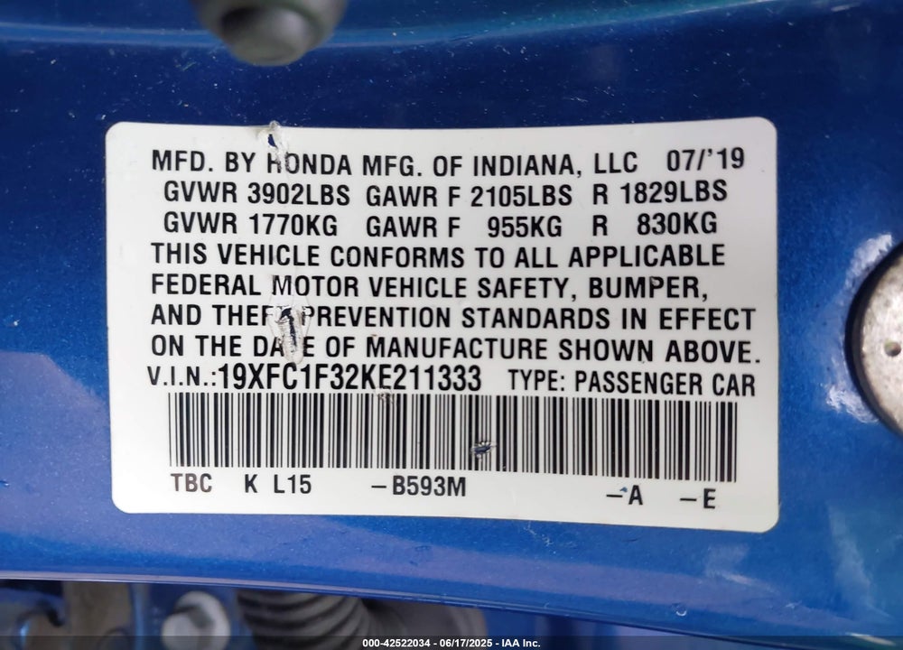 2019 HONDA CIVIC VIN: 19XFC1F32KE211333