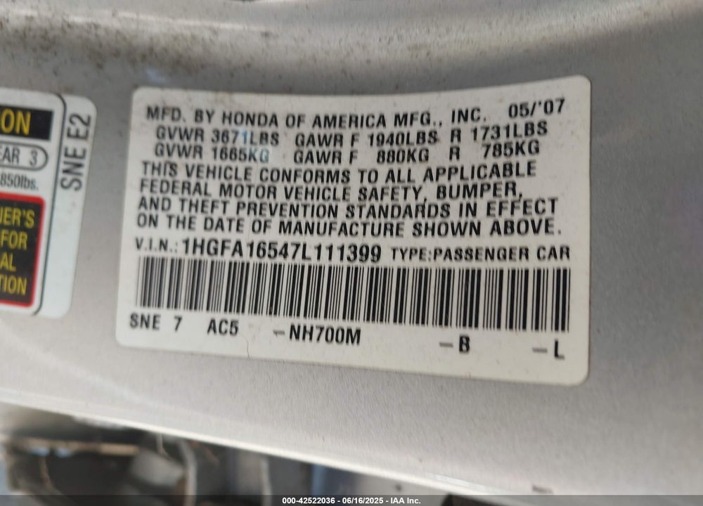 2007 HONDA CIVIC LX VIN: 1HGFA16547L111399