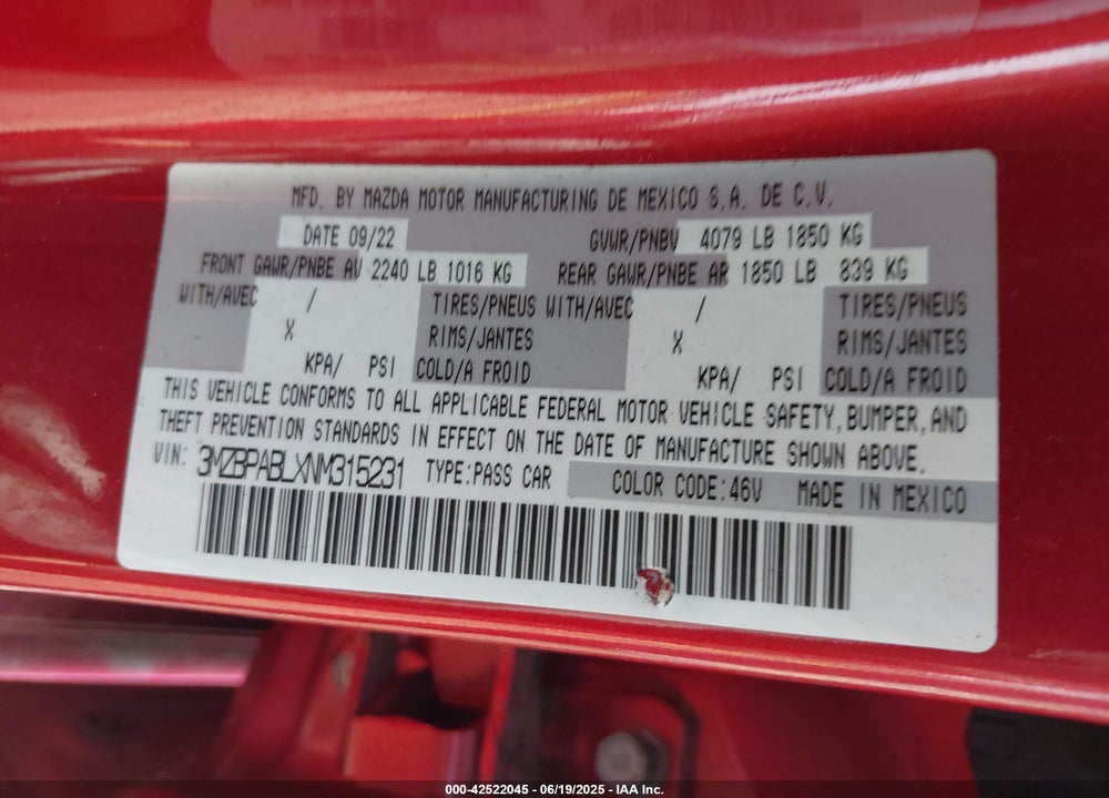 2022 MAZDA 3 VIN: 3MZBPABLXNM315231