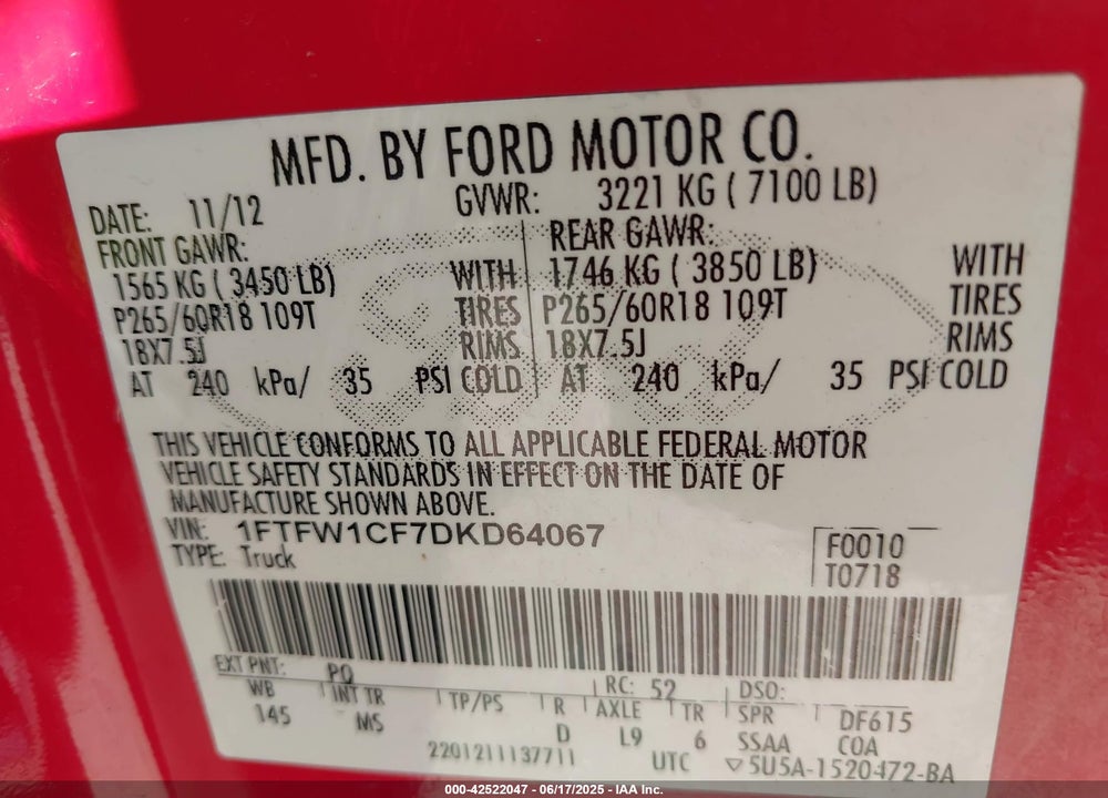 2013 FORD F-150 XLT VIN: 1FTFW1CF7DKD64067