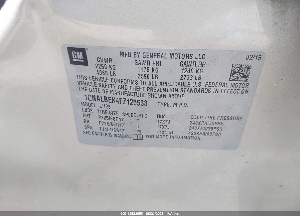 2015 CHEVROLET EQUINOX VIN: 1GNALBEK4FZ125533