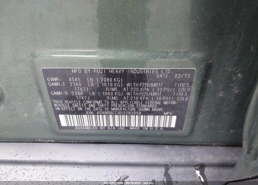 2013 SUBARU OUTBACK VIN: 4S4BRBCC6D3283004