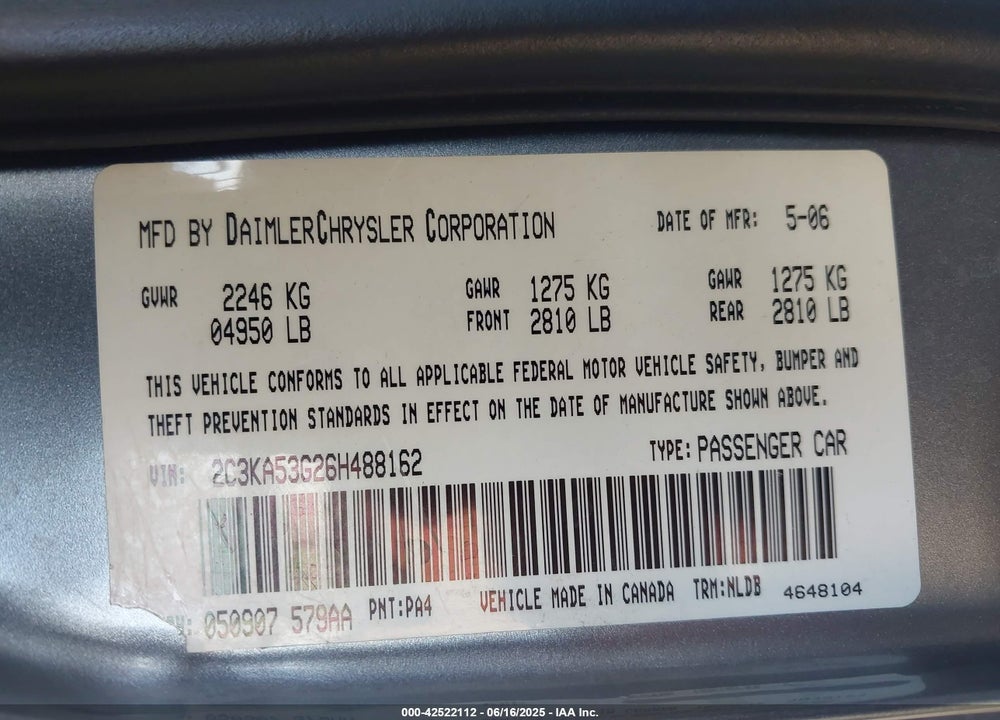2006 CHRYSLER 300 VIN: 2C3KA53G26H488162