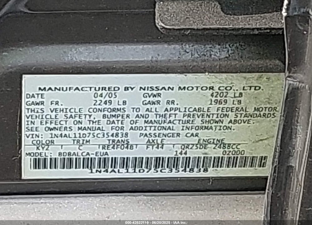2005 NISSAN ALTIMA 2.5 S VIN: 1N4AL11D75C354838