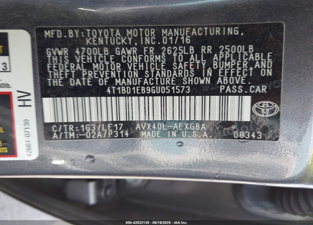 2016 TOYOTA AVALON HYBRID VIN: 4T1BD1EB9GU051573