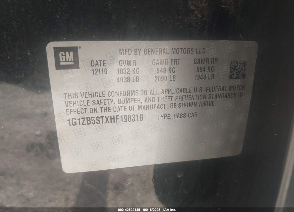 2017 CHEVROLET MALIBU VIN: 1G1ZB5STXHF198318