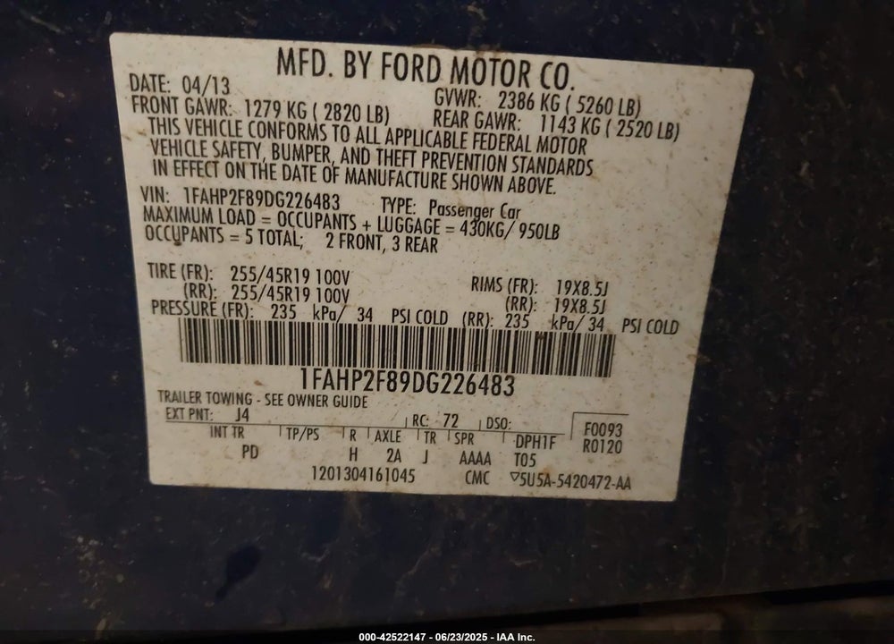 2013 FORD TAURUS VIN: 1FAHP2F89DG226483
