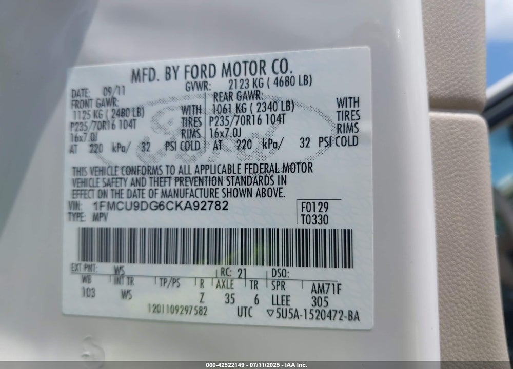 2012 FORD ESCAPE XLT VIN: 1FMCU9DG6CKA92782