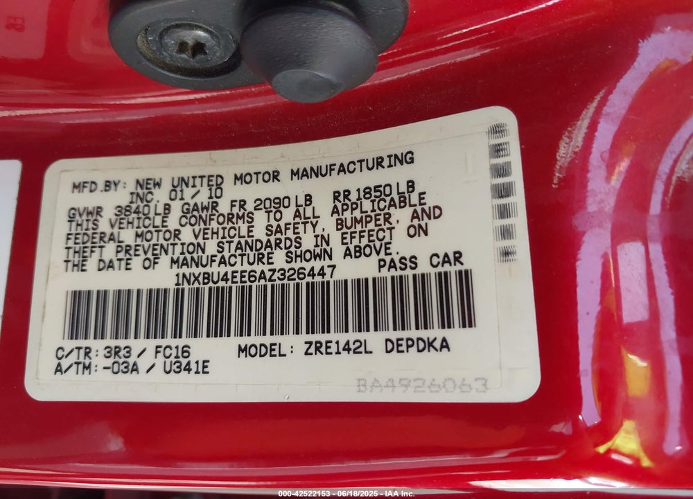 2010 TOYOTA COROLLA VIN: 1NXBU4EE6AZ326447