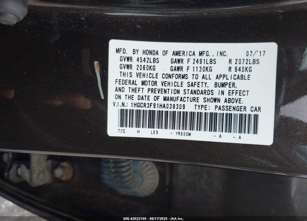 2017 HONDA ACCORD TOURING V6 VIN: 1HGCR3F91HA039309