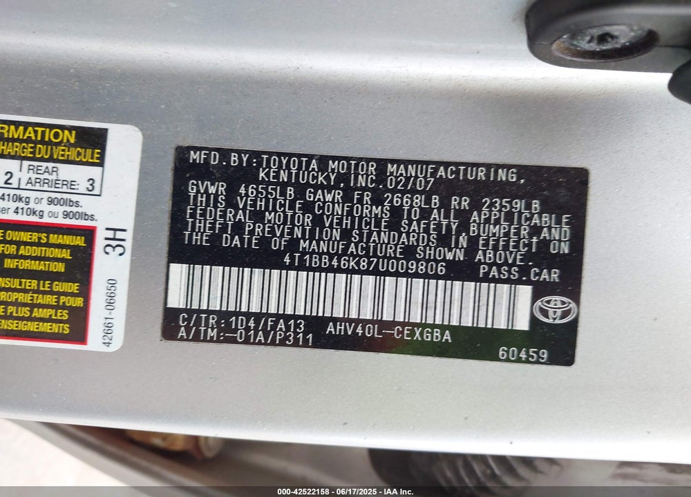 2007 TOYOTA CAMRY HYBRID VIN: 4T1BB46K87U009806