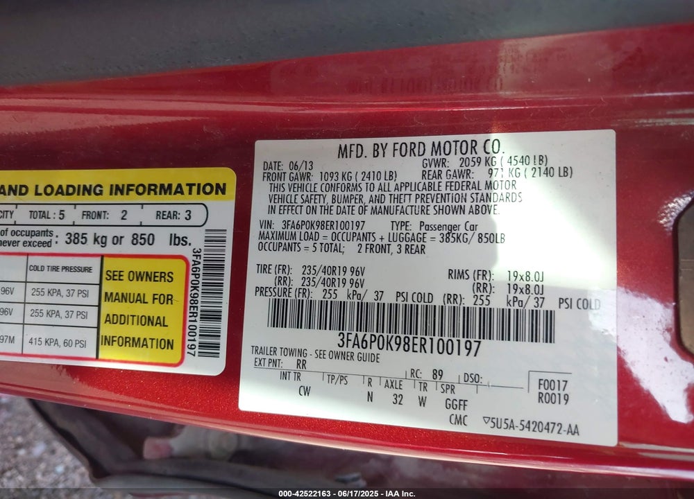 2014 FORD FUSION VIN: 3FA6P0K98ER100197