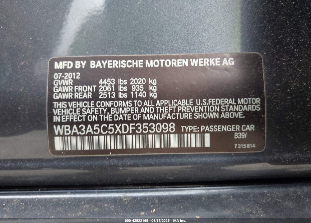 2013 BMW 328 VIN: WBA3A5C5XDF353098