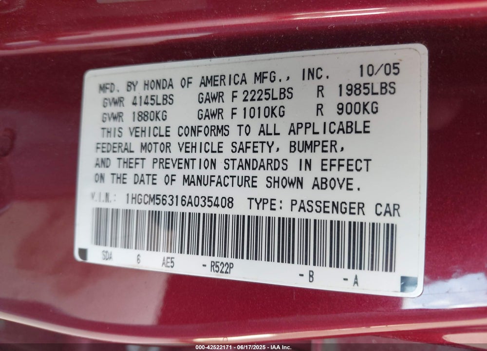 2006 HONDA ACCORD VIN: 1HGCM56316A035408