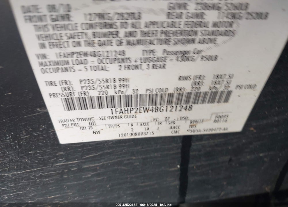 2011 FORD TAURUS VIN: 1FAHP2EW4BG121248