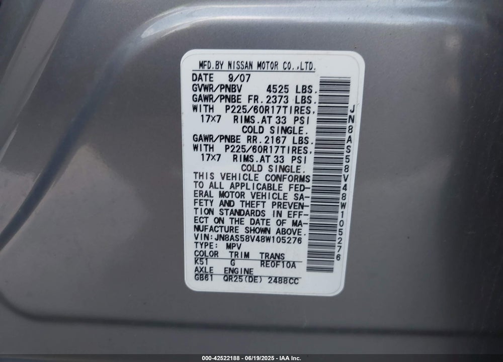 2008 NISSAN ROGUE VIN: JN8AS58V48W105276
