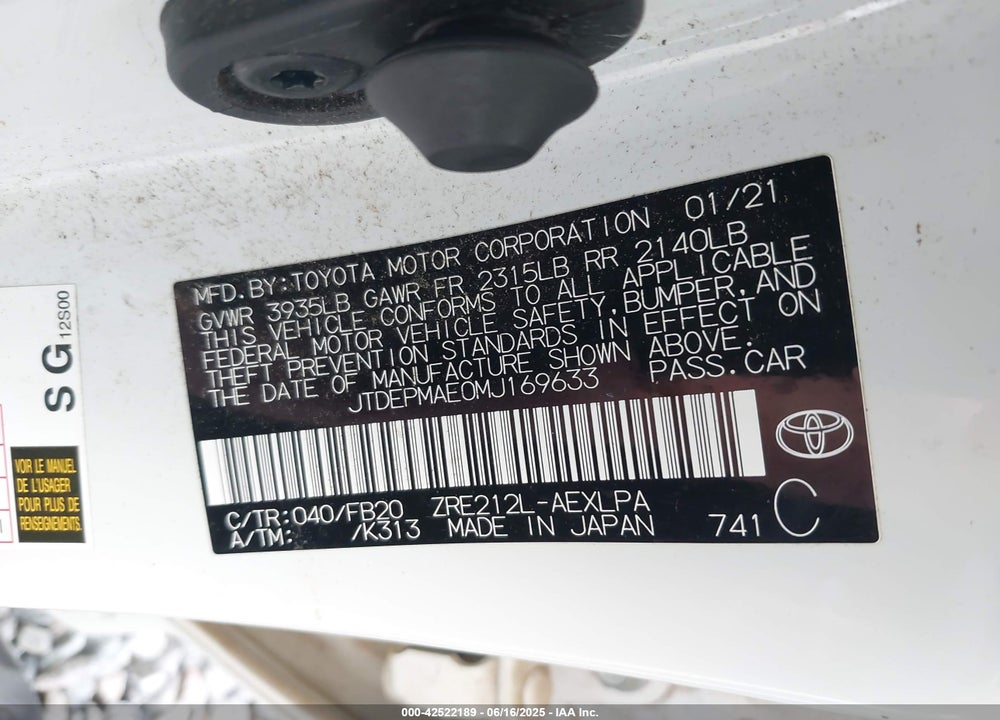 2021 TOYOTA COROLLA VIN: JTDEPMAE0MJ169633