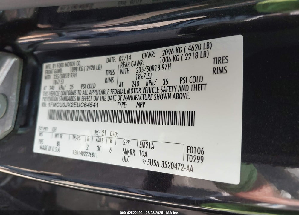 2014 FORD ESCAPE VIN: 1FMCU0JX2EUC64541