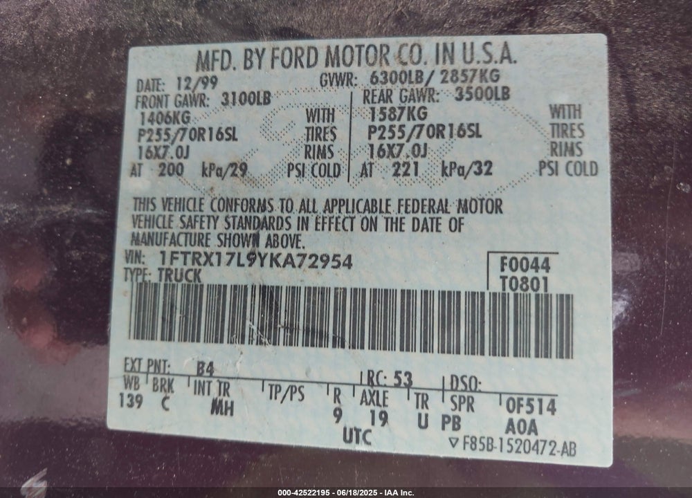 2000 FORD F-150 LARIAT/WORK SERIES/XL/XLT VIN: 1FTRX17L9YKA72954