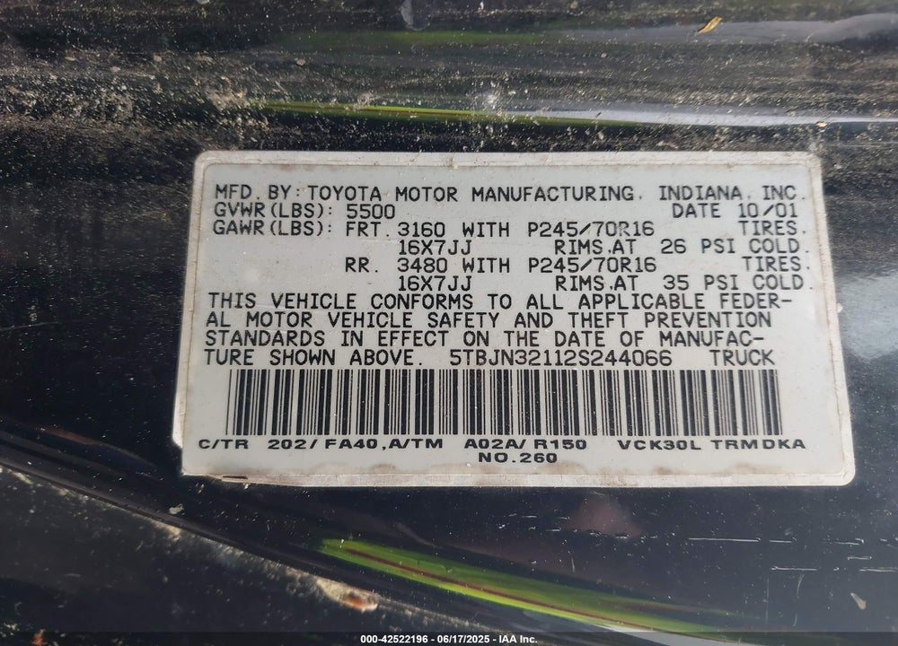 2002 TOYOTA TUNDRA VIN: 5TBJN32112S244066