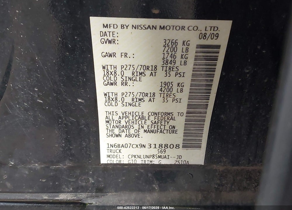 2009 NISSAN TITAN VIN: 1N6BA07CX9N318808