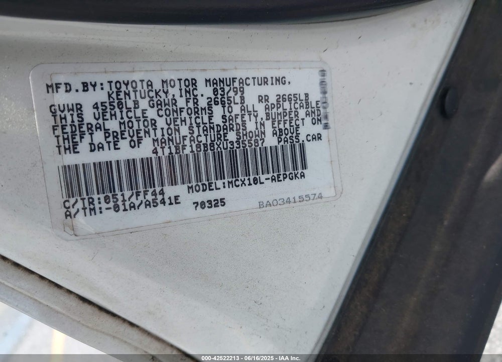 1999 TOYOTA AVALON XLS VIN: 4T1BF18B8XU335587