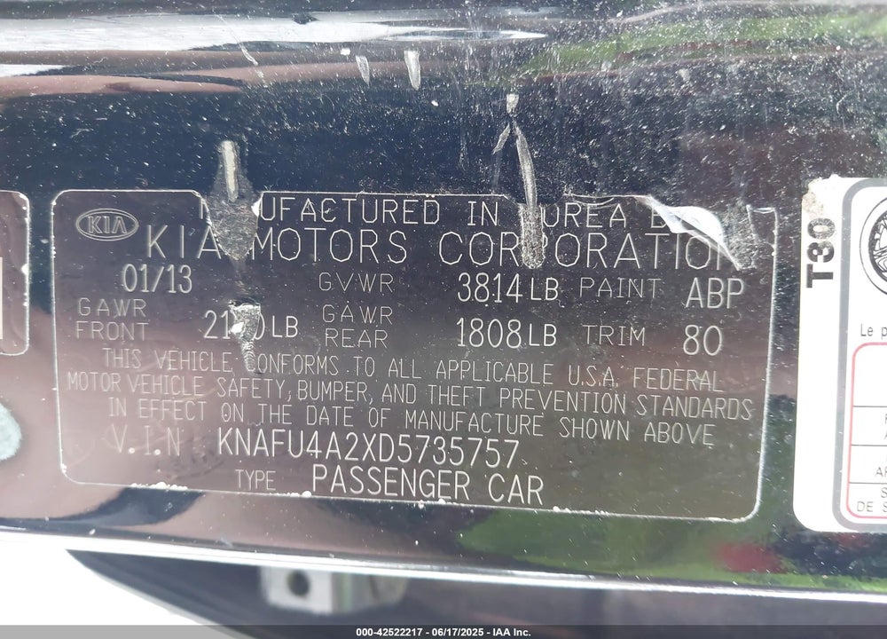 2013 KIA FORTE VIN: KNAFU4A2XD5735757